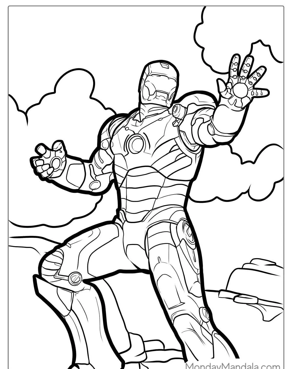 Desenho do Homem de Ferro em pose de ação para colorir