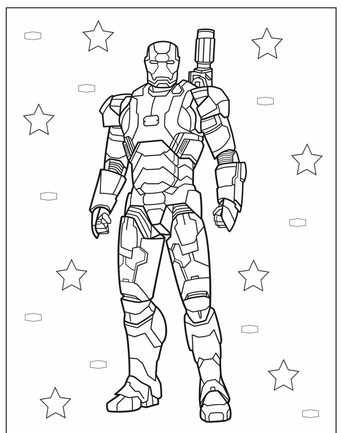 Desenho para colorir do Homem de Ferro em armadura com estrelas ao fundo