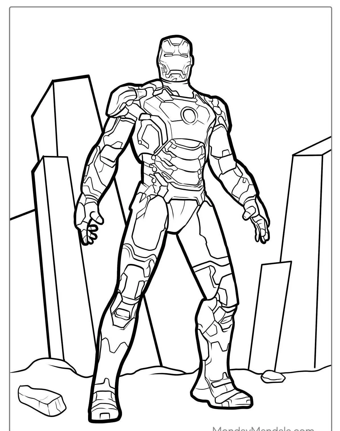 Desenho do Homem de Ferro em pé entre rochas para colorir
