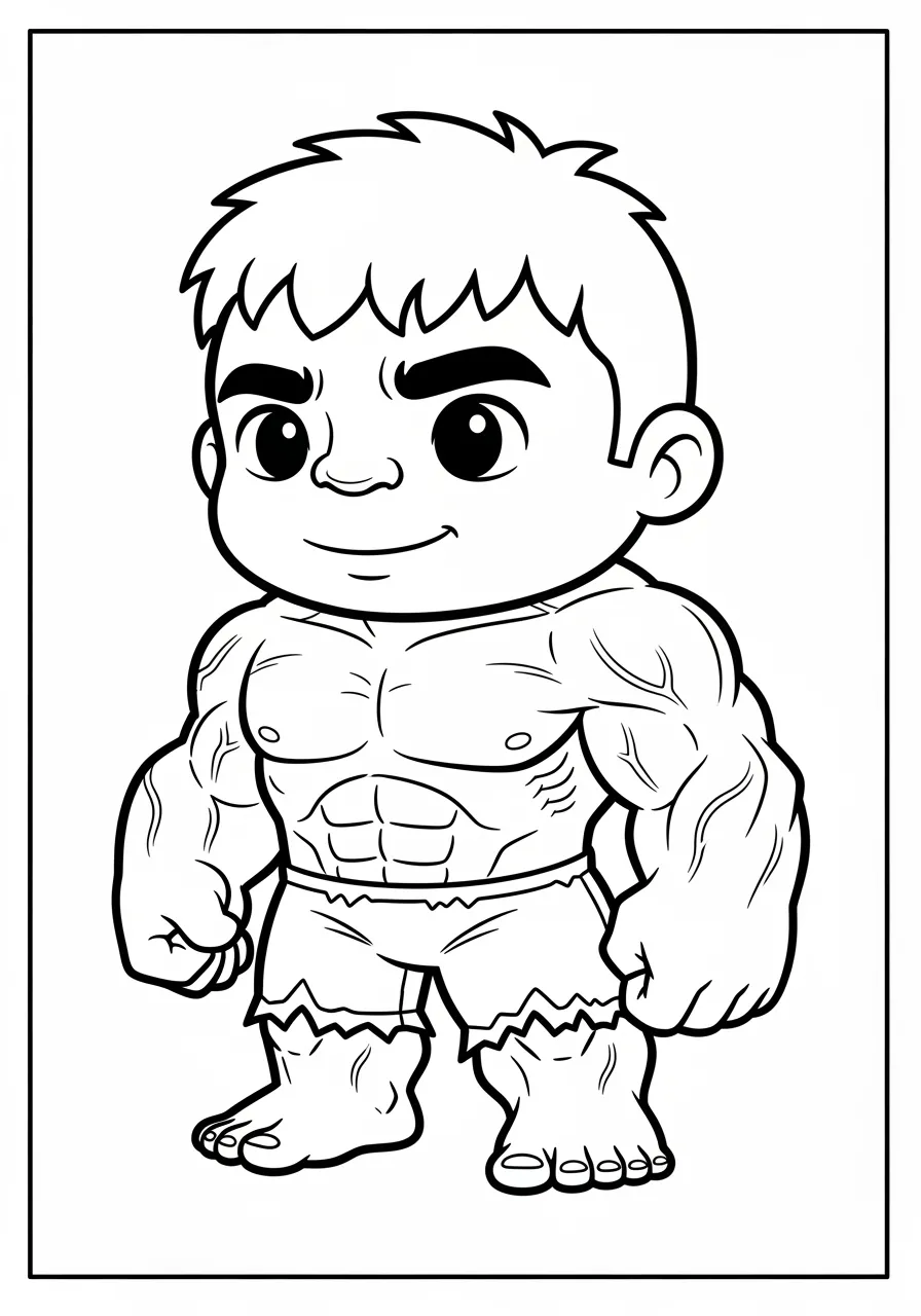Desenho em preto e branco do Hulk bebê com músculos para colorir