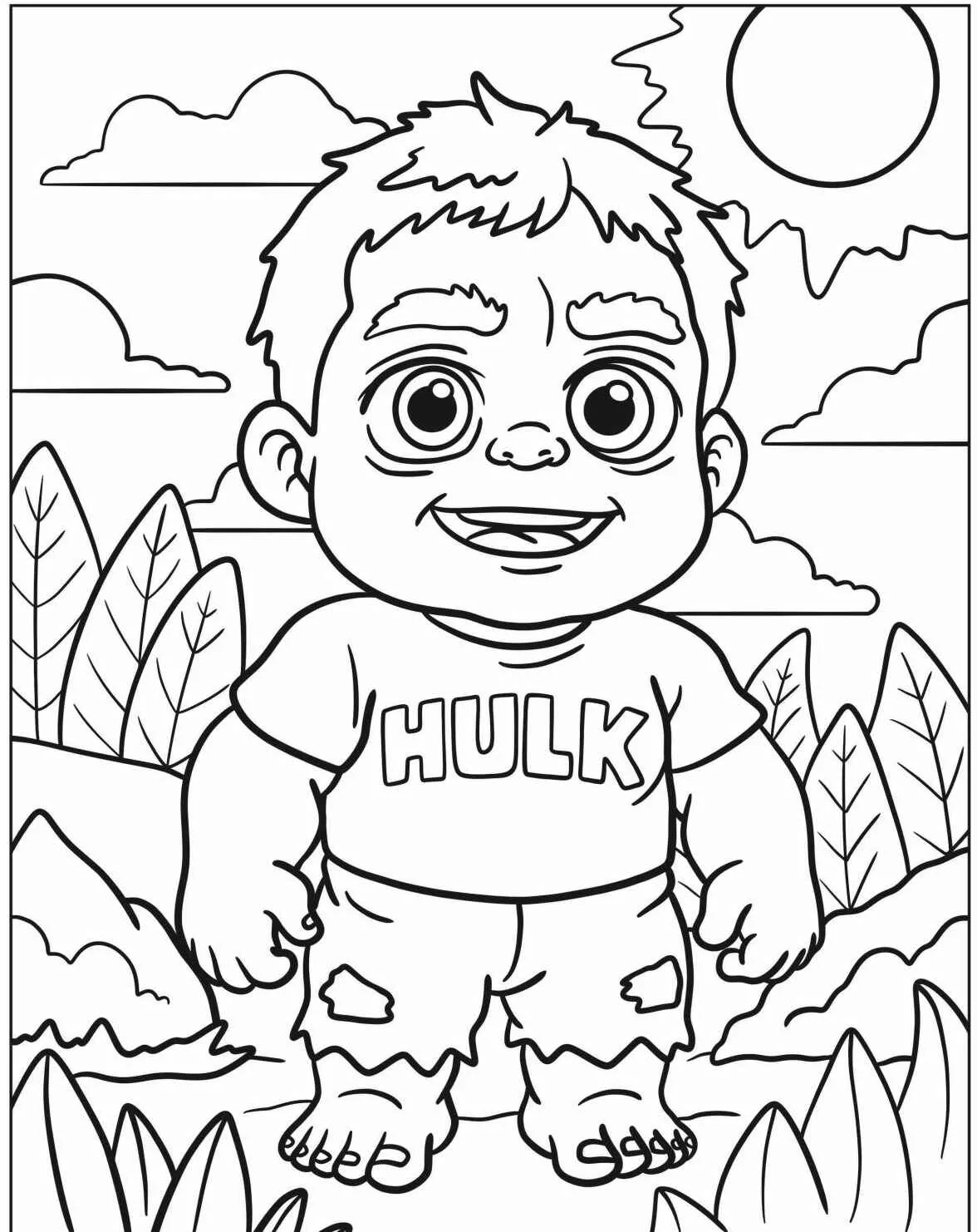 Desenho de um Hulk bebê sorridente em um cenário natural