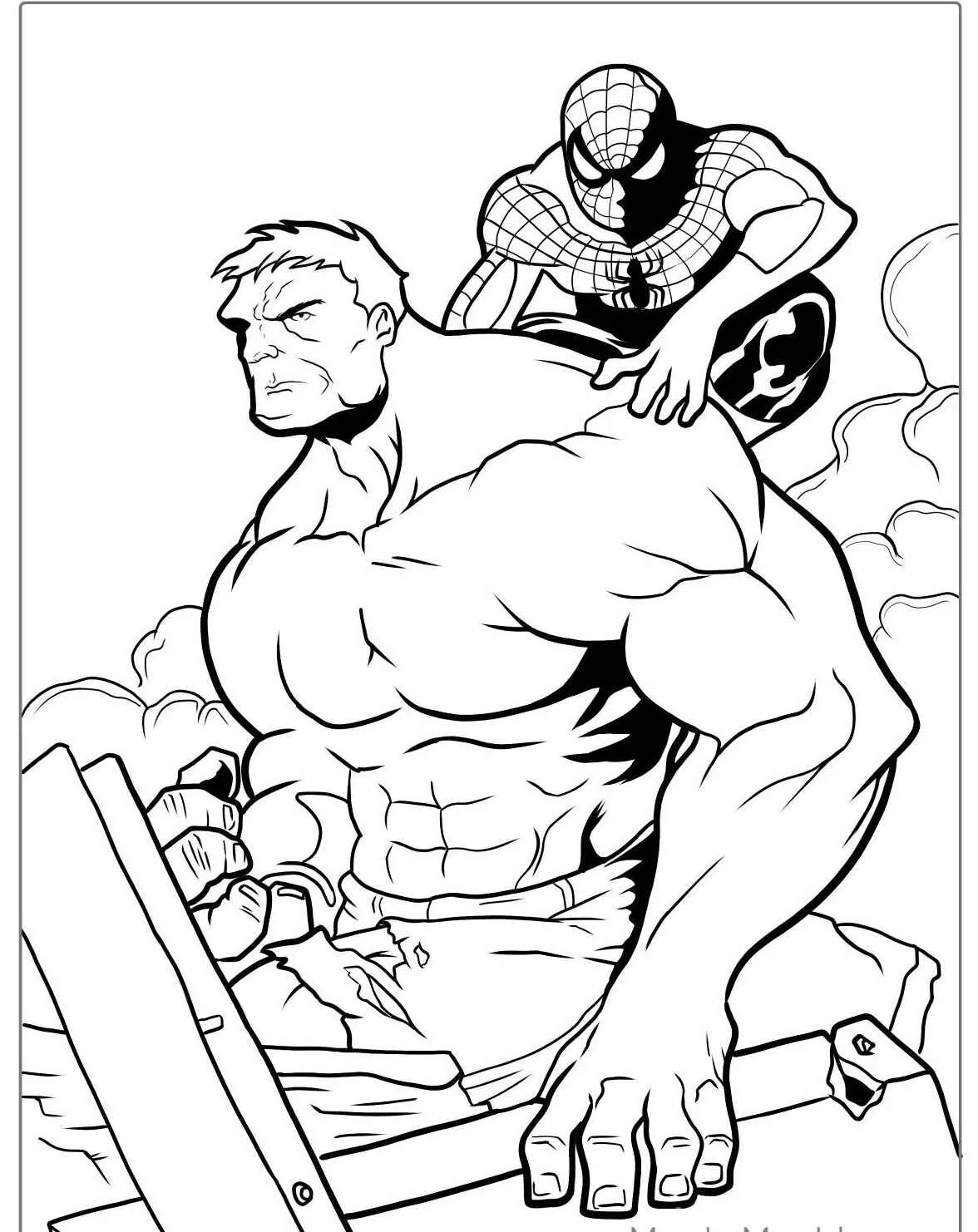Desenho do Hulk com o Homem-Aranha pronto para colorir