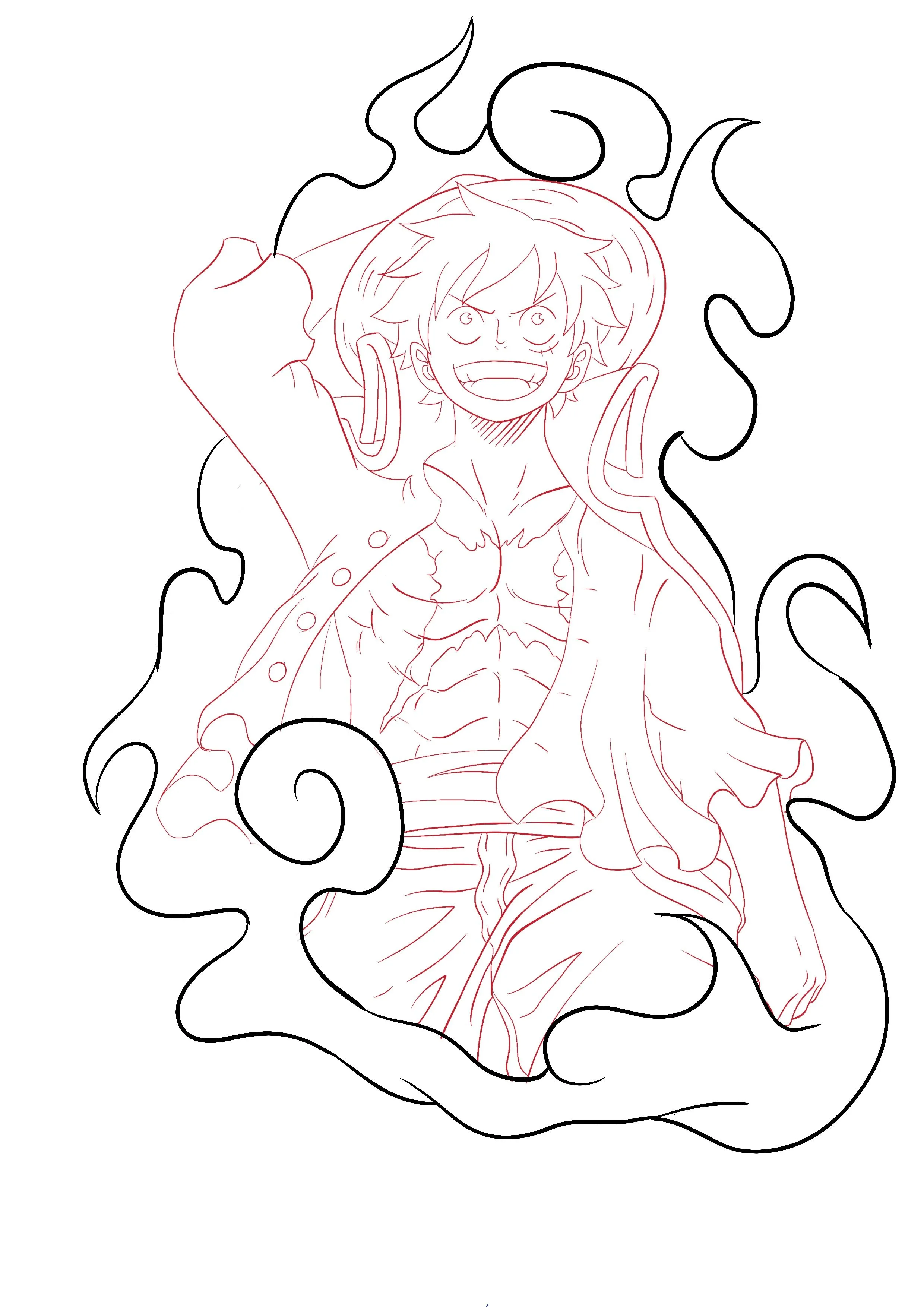 Desenho do Luffy com chamas ao fundo para colorir