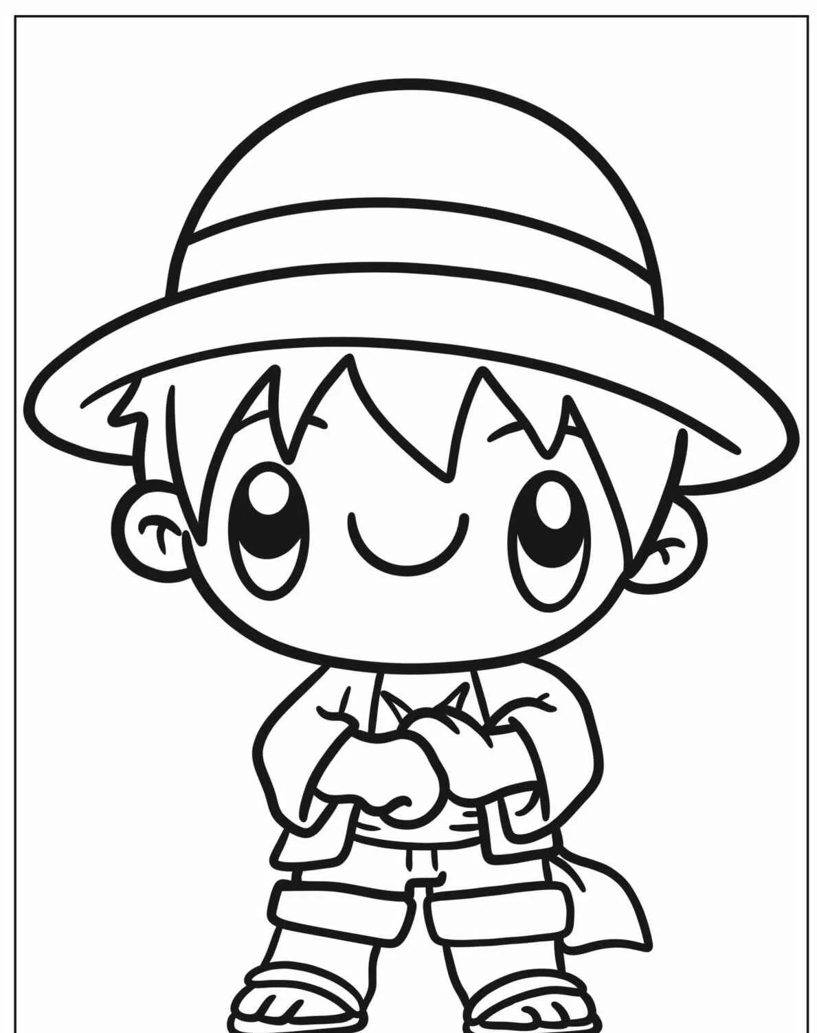 Desenho do personagem Luffy com chapéu de palha em estilo de colorir