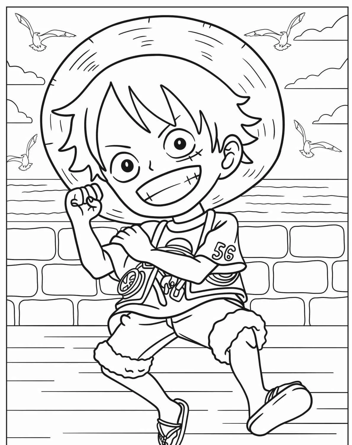 Desenho para colorir do Luffy sorrindo com seu chapéu de palha na praia
