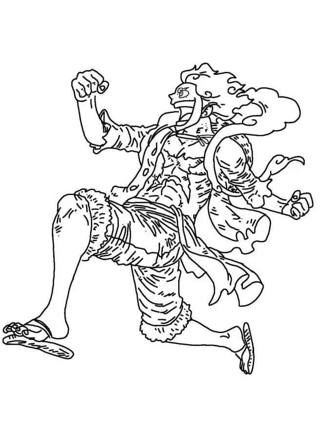 Desenho em preto e branco do Luffy correndo, pronto para ser colorido.