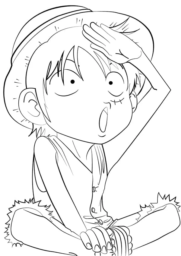 Desenho para colorir do Luffy fazendo saudação com chapéu de palha