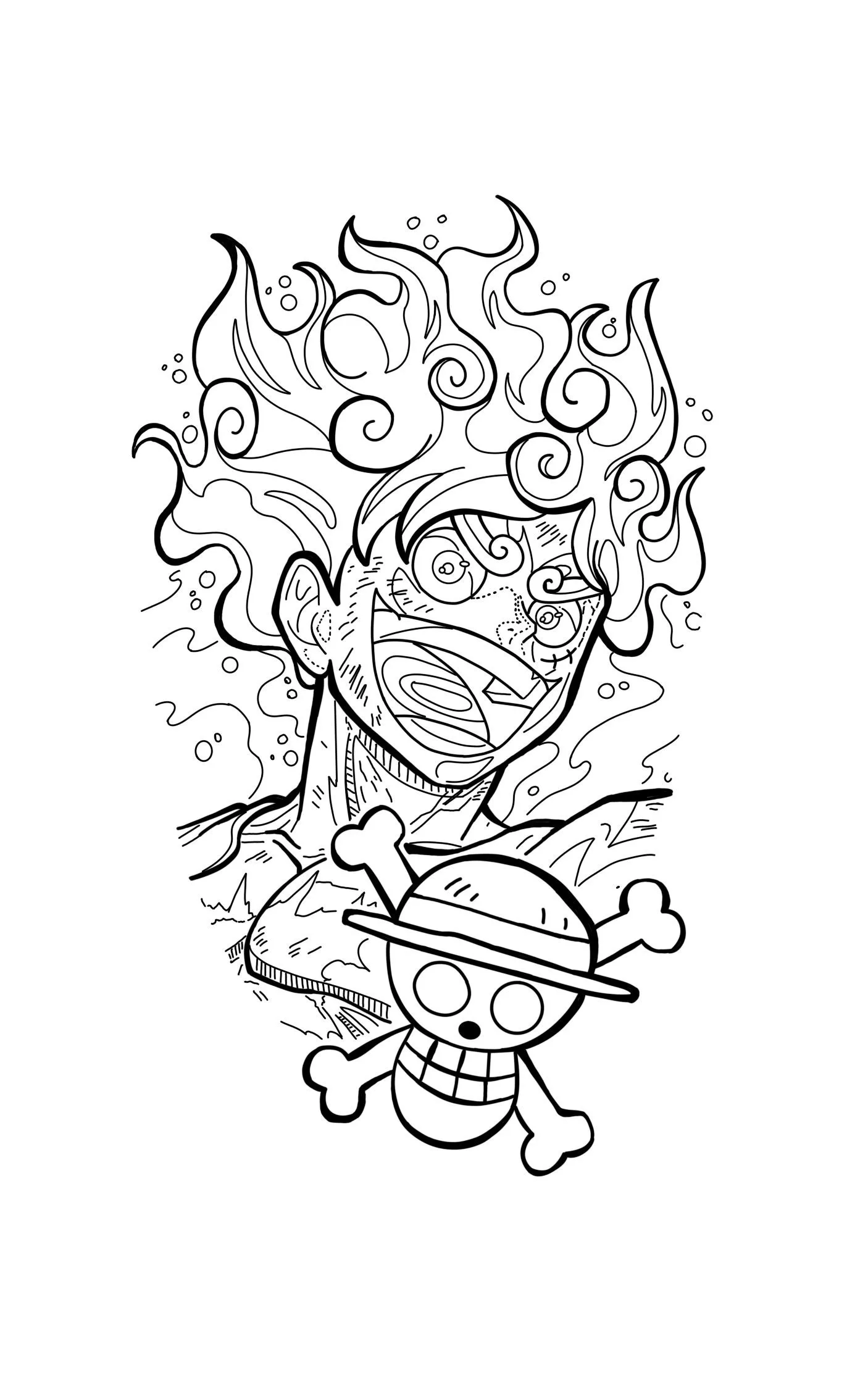 Desenho do Luffy em sua forma Gear 5 com chamas e o símbolo do chapéu de palha para colorir.