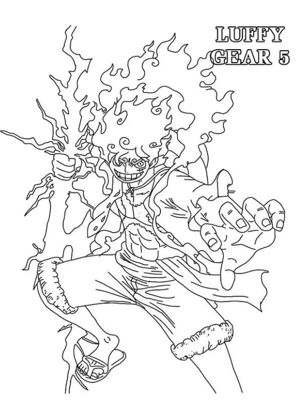 Desenho para colorir do Luffy em sua forma Gear 5, com chamas e eletricidade