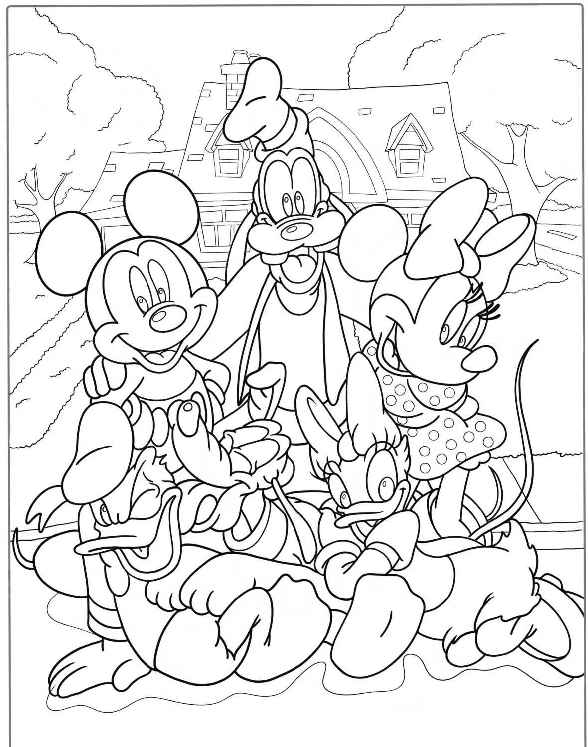 Imagem para colorir do Mickey com Minnie, Pateta, Pato Donald e Margarida na frente de uma casa de campo