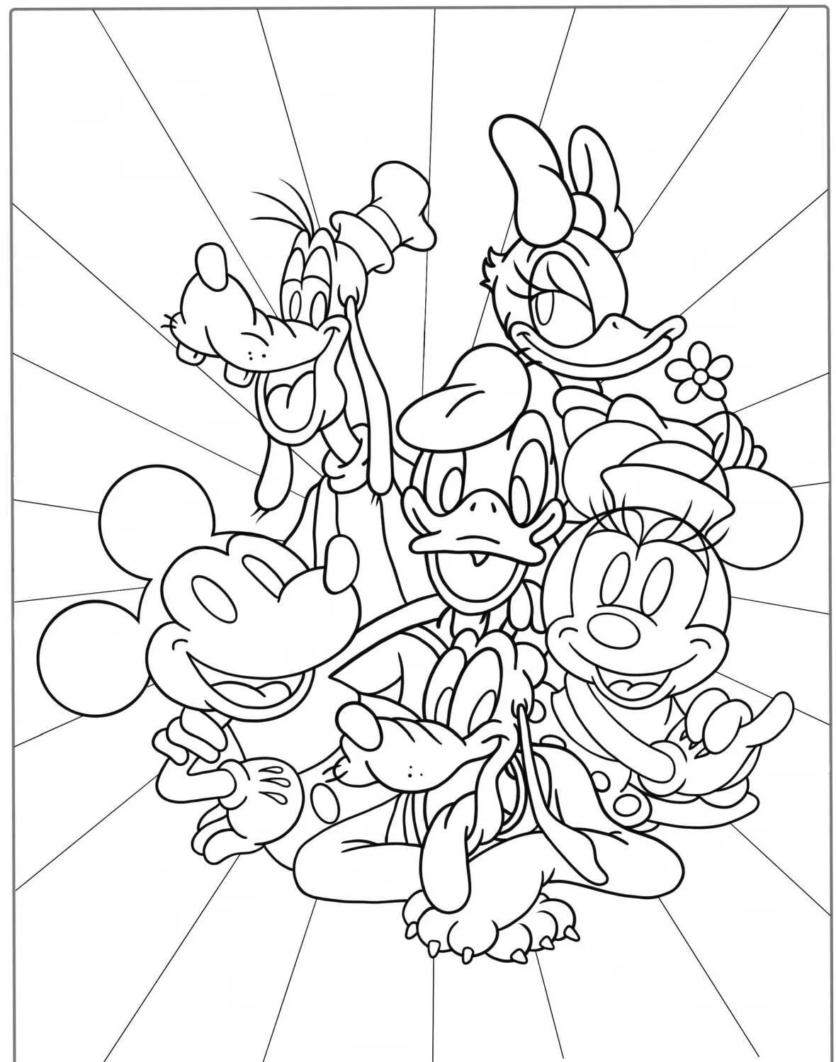 Desenho de Mickey Mouse com Minnie, Pato Donald, Margarida, Pateta e Pluto para colorir