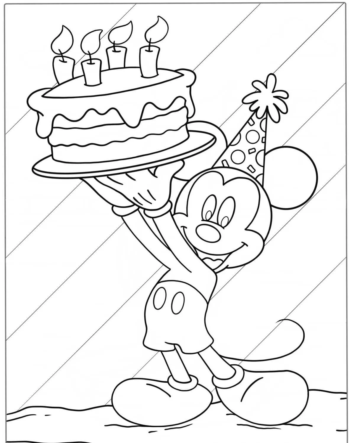 Mickey Mouse segurando um bolo de aniversário com velas