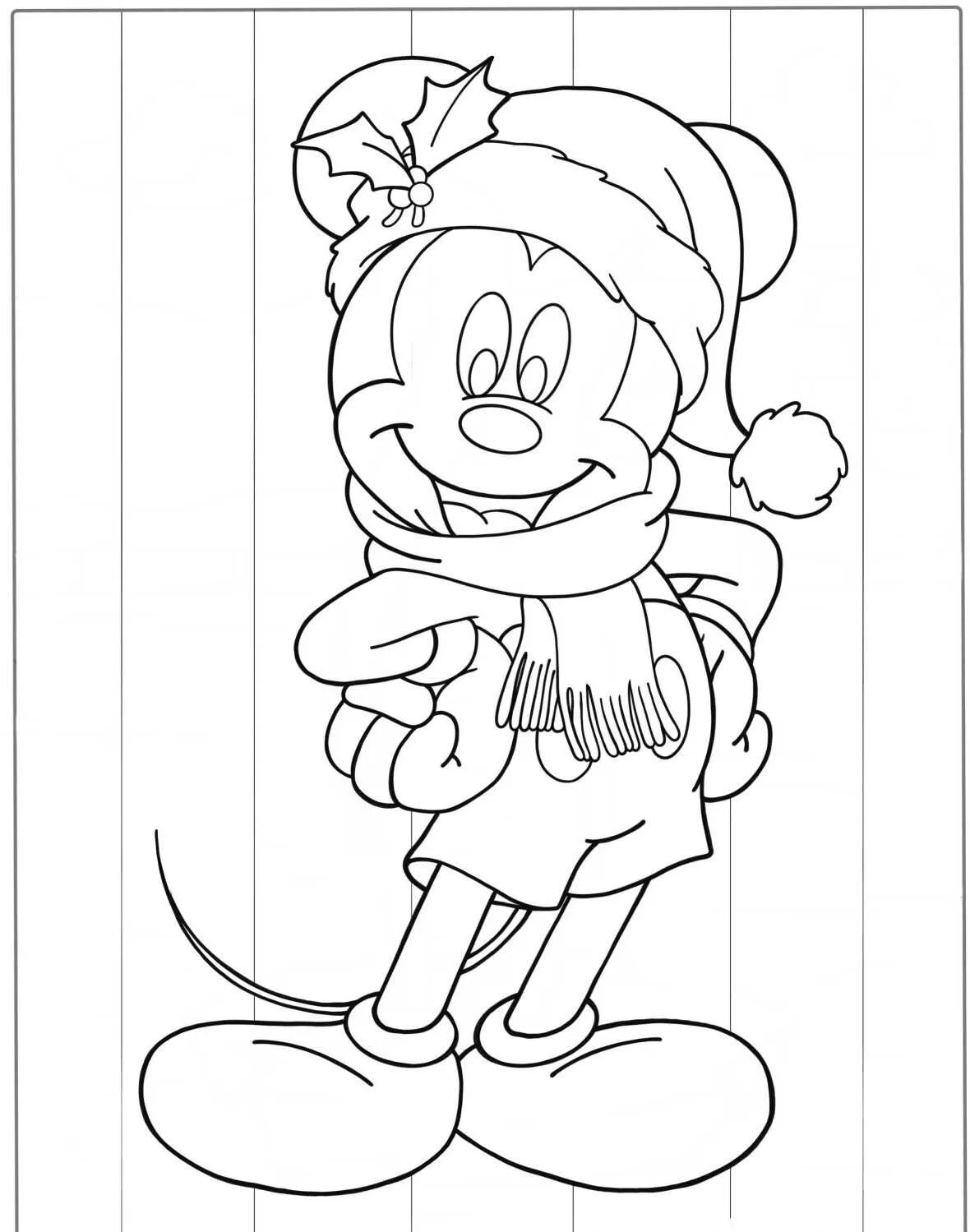 Desenho em preto e branco do Mickey Mouse usando gorro de Natal e cachecol para colorir