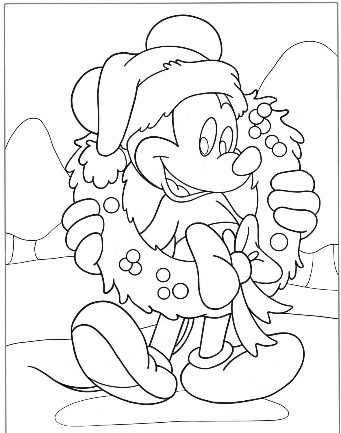 Desenho de Mickey Mouse segurando uma guirlanda de Natal para colorir