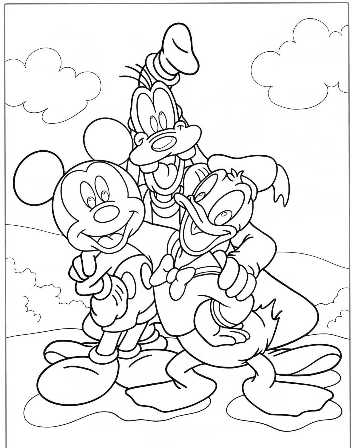 Desenho para colorir do Mickey com Pato Donald e Pateta em um cenário ao ar livre