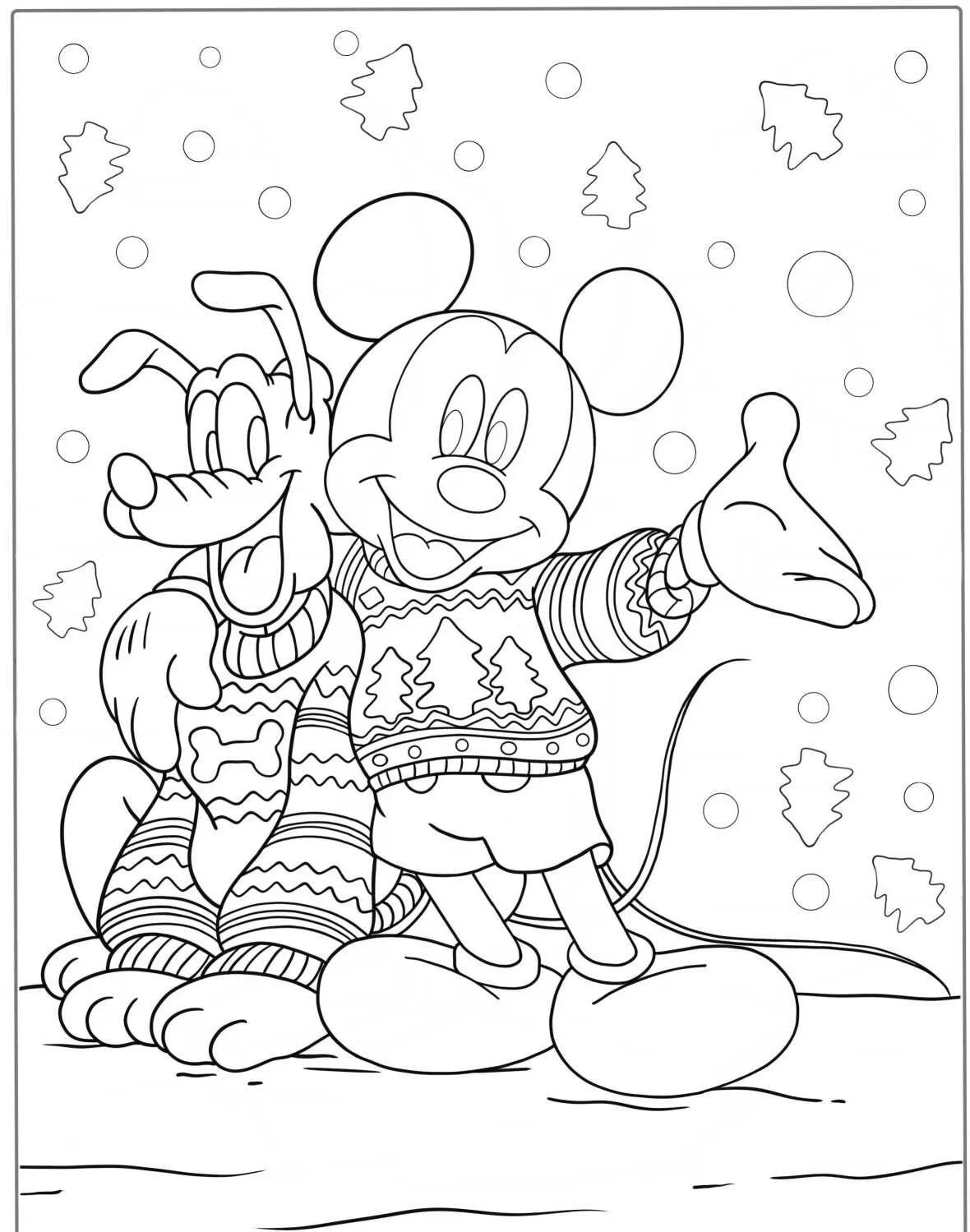 Desenho de Mickey Mouse e Pluto com suéteres de inverno para colorir