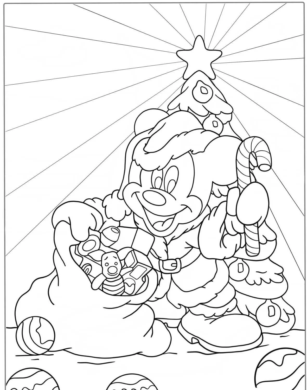 Mickey vestido de Papai Noel segurando doces ao lado de uma árvore de Natal para colorir