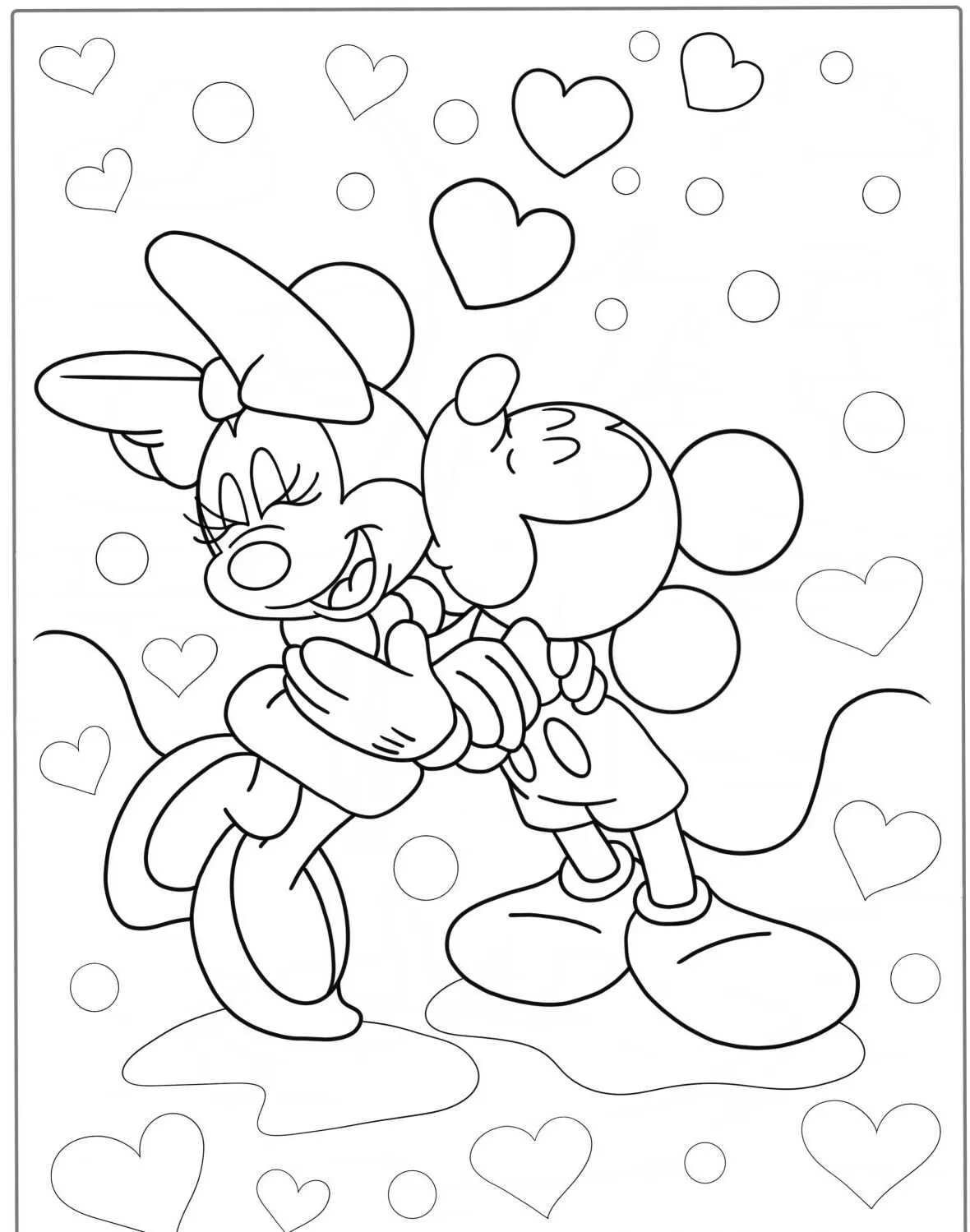 Desenho em preto e branco de Mickey e Minnie abraçados com corações ao redor