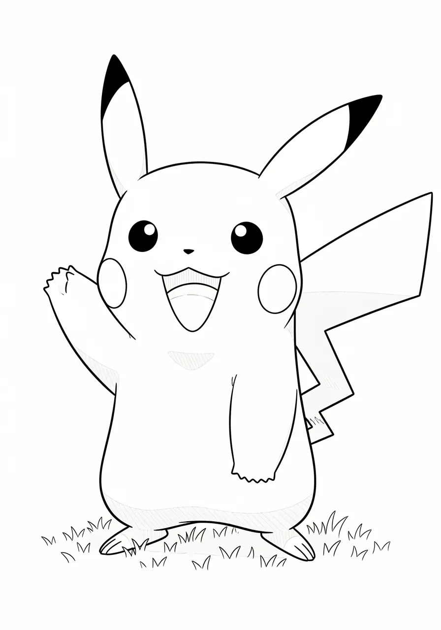 Imagem de um Pikachu sorridente acenando para colorir