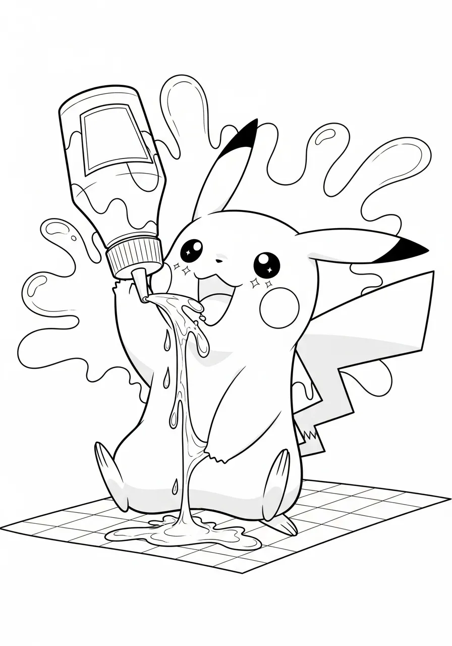 Pikachu brincando com tinta, desenho para colorir