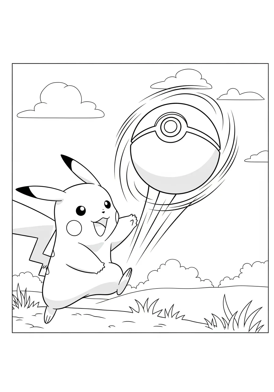 Imagem de Pikachu brincando com uma Pokébola para colorir
