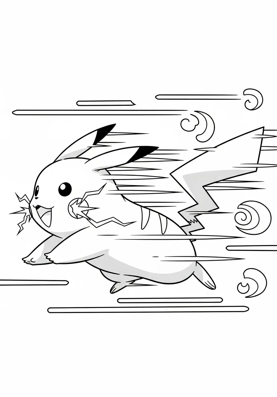 Pikachu correndo com raios ao redor para colorir