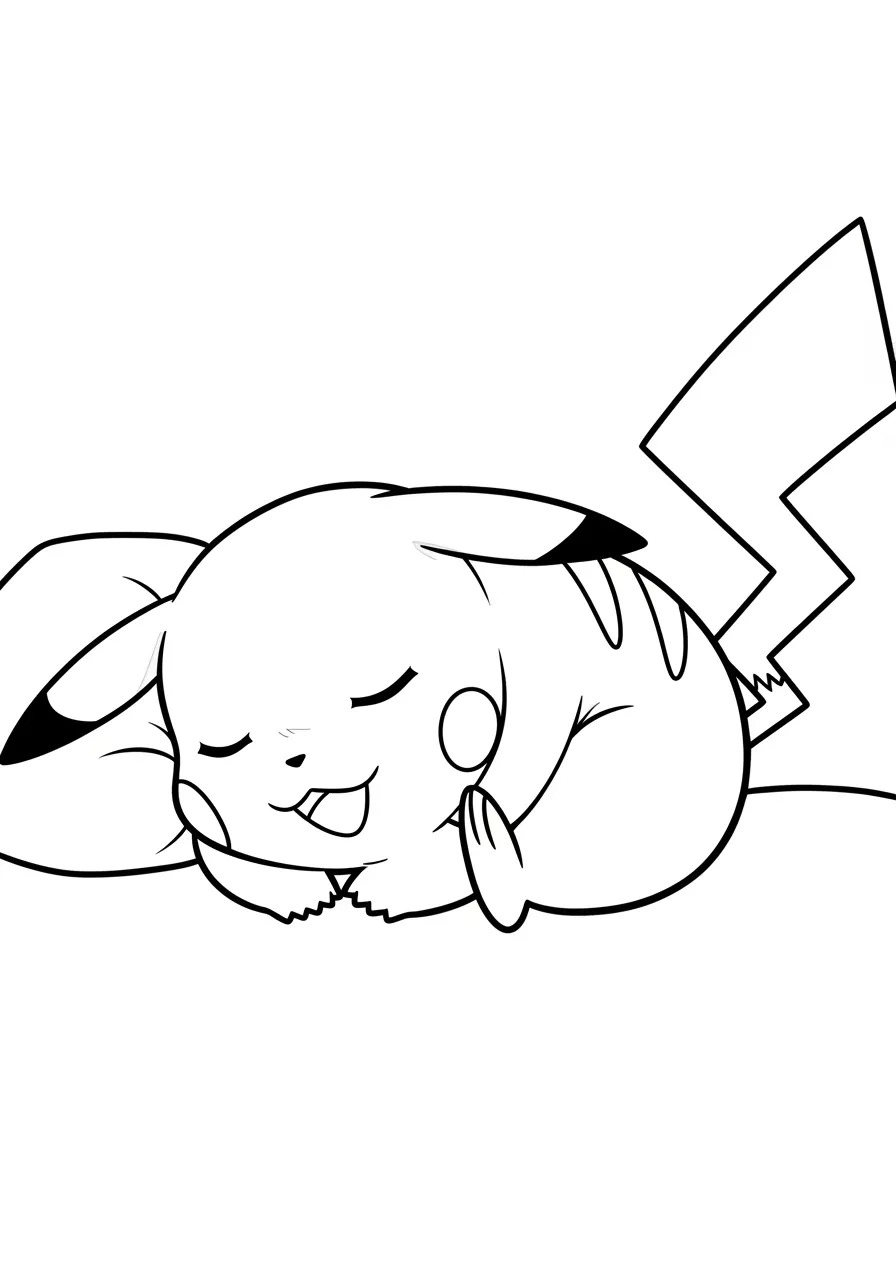 Imagem de um desenho do Pikachu a dormir tranquilamente para colorir