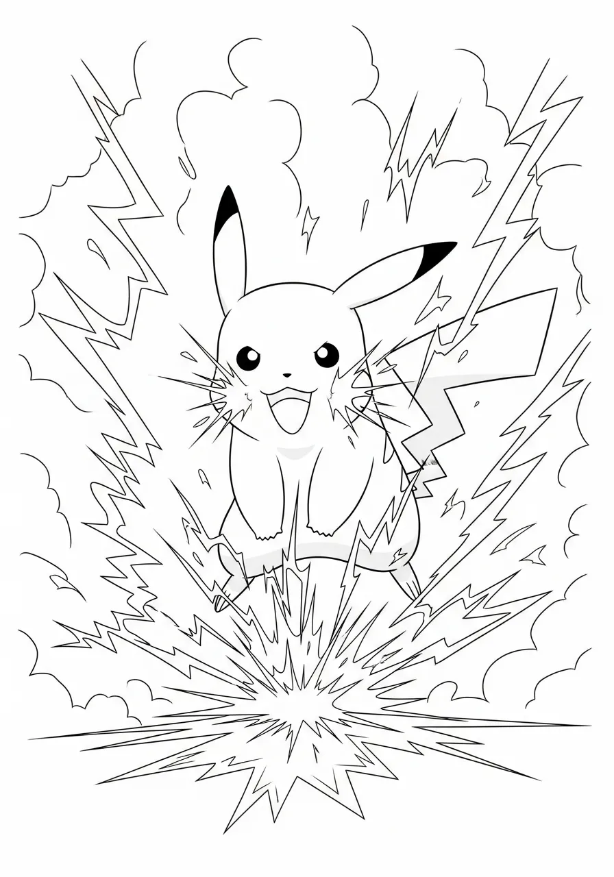 Desenho em preto e branco de Pikachu usando Choque do Trovão