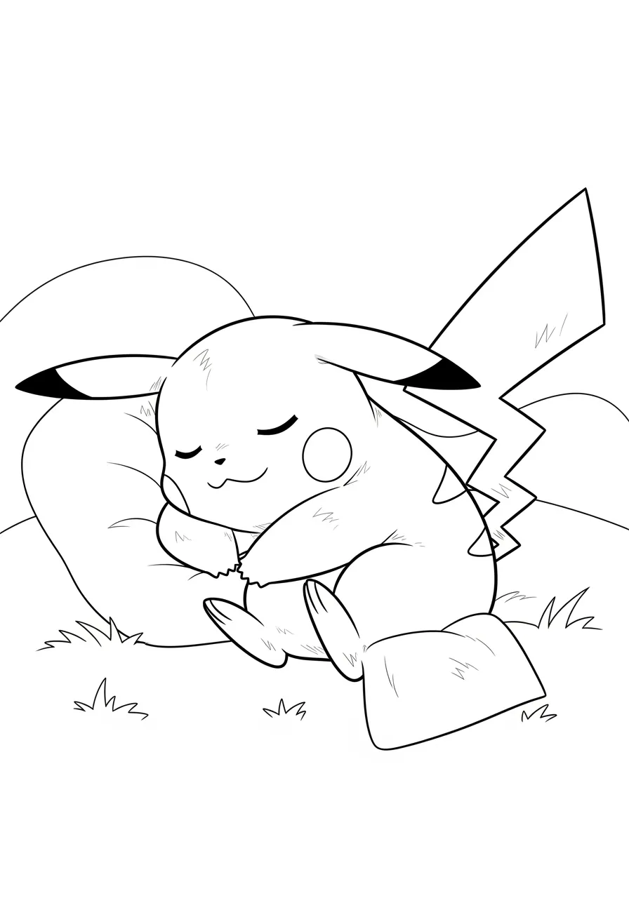 Imagem de um Pikachu dormindo aconchegado para colorir