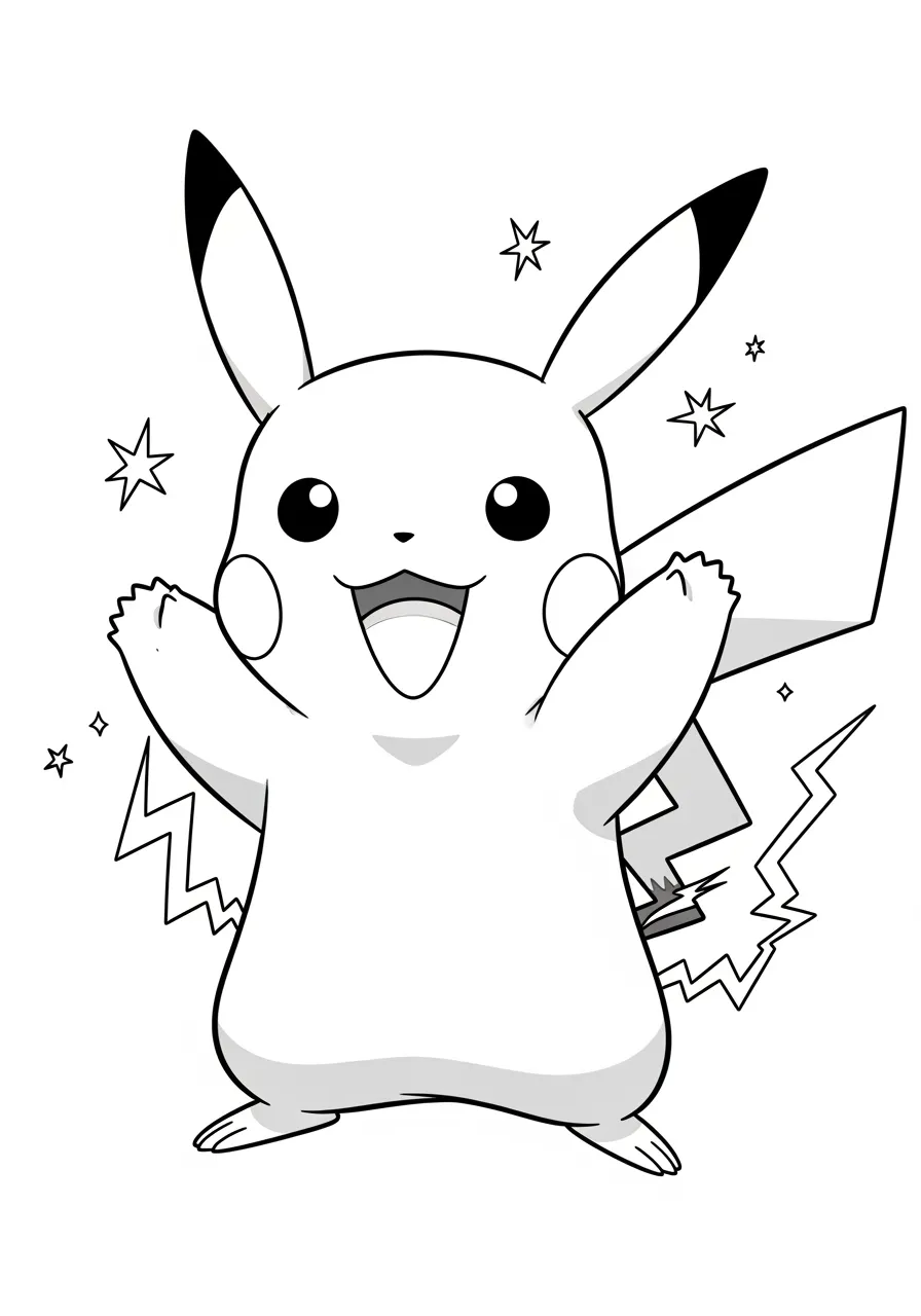 Imagem de um Pikachu alegre com raios ao redor para colorir