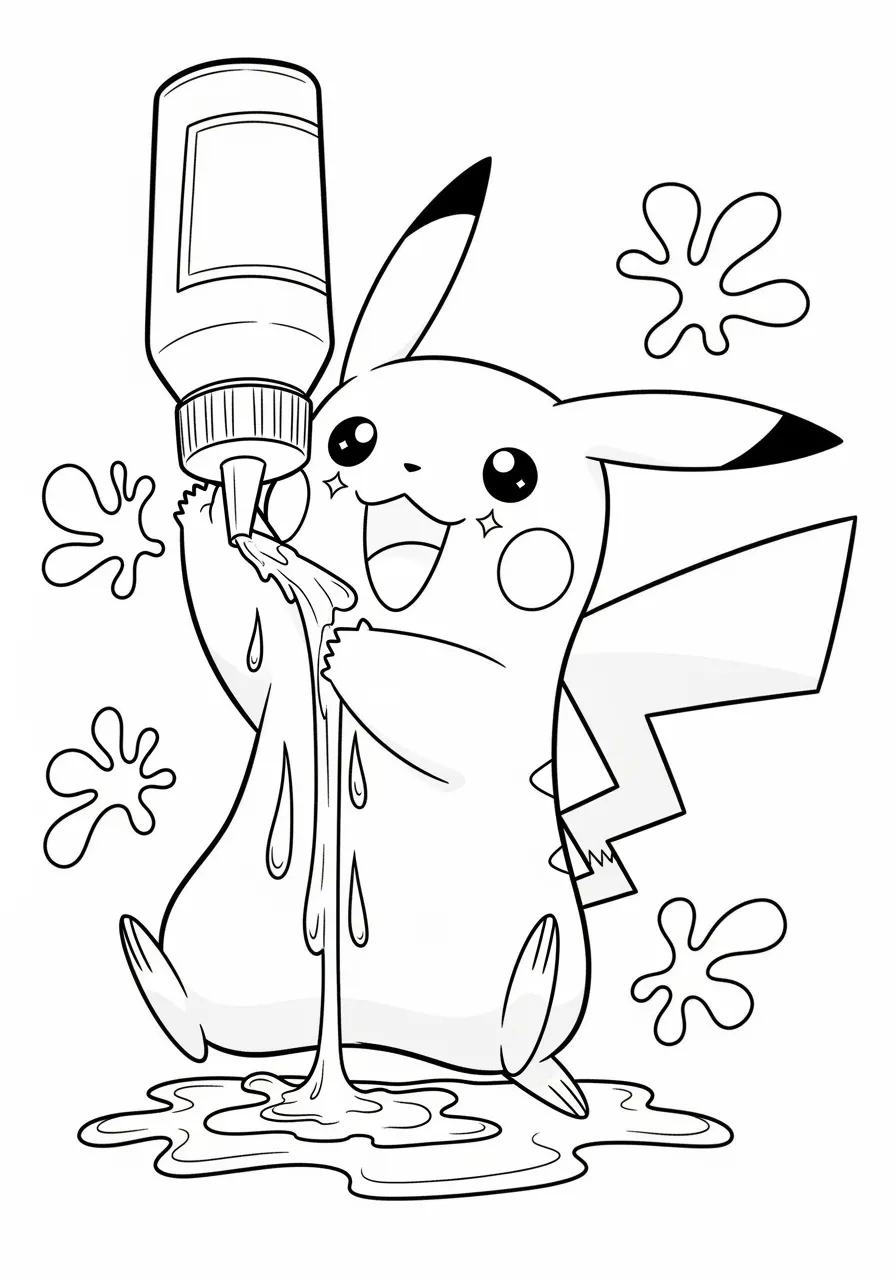 Pikachu brincando com tinta, segurando uma garrafa e sorrindo