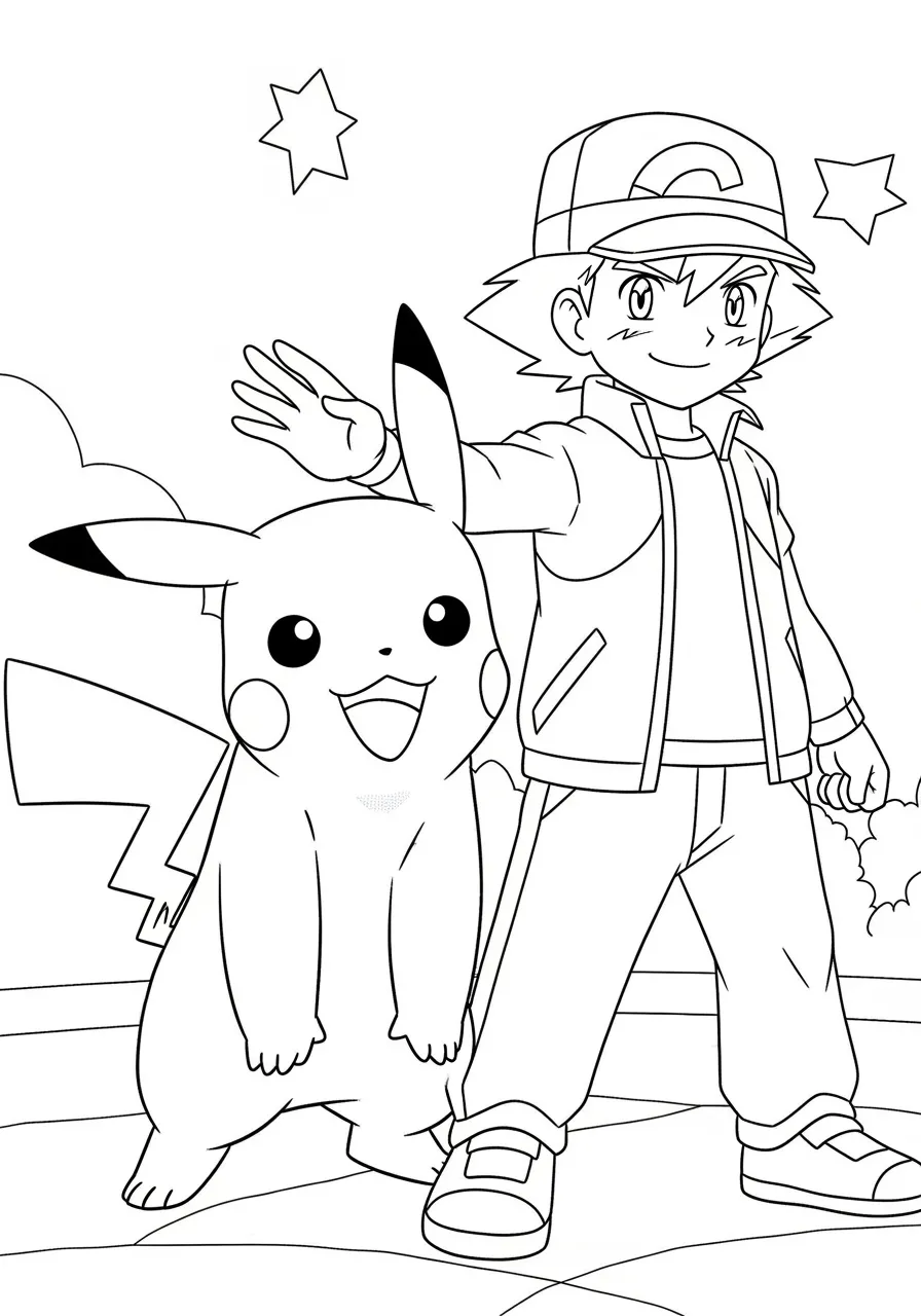 Desenho de Pikachu com Ash acenando, pronto para colorir