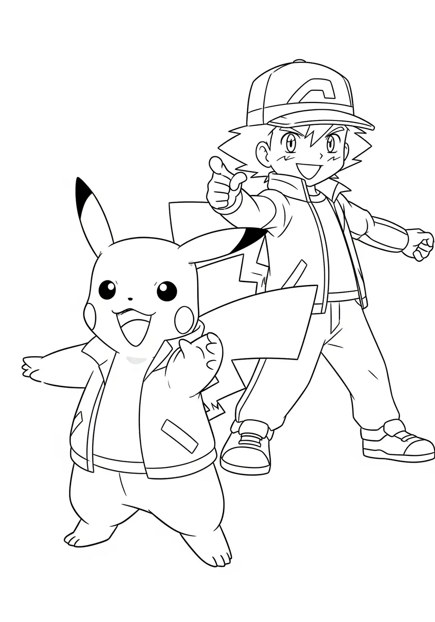 Desenho para colorir do Pikachu com Ash, ambos prontos para uma aventura