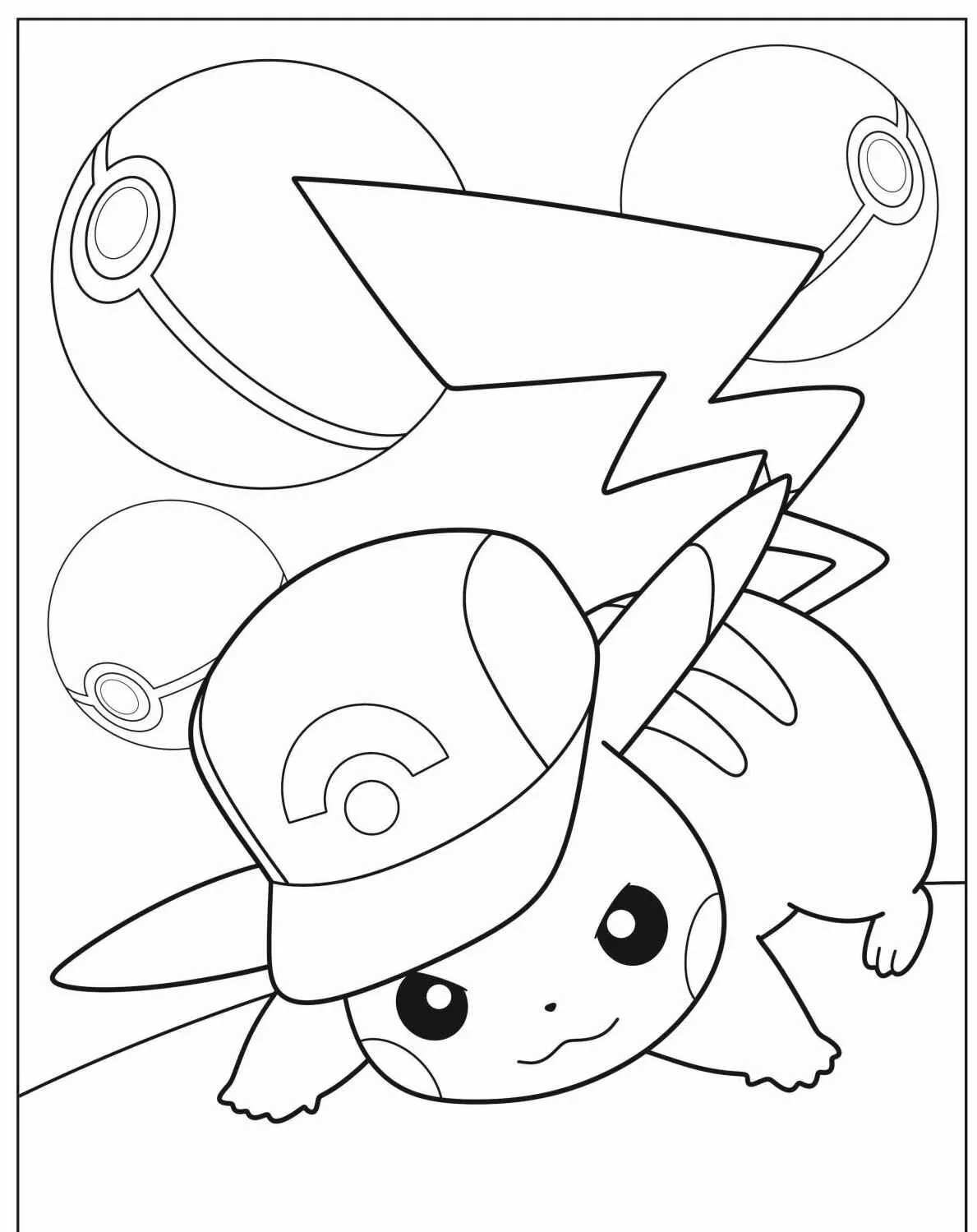 Desenho para colorir do Pikachu usando chapéu de Ash com Pokébolas ao fundo