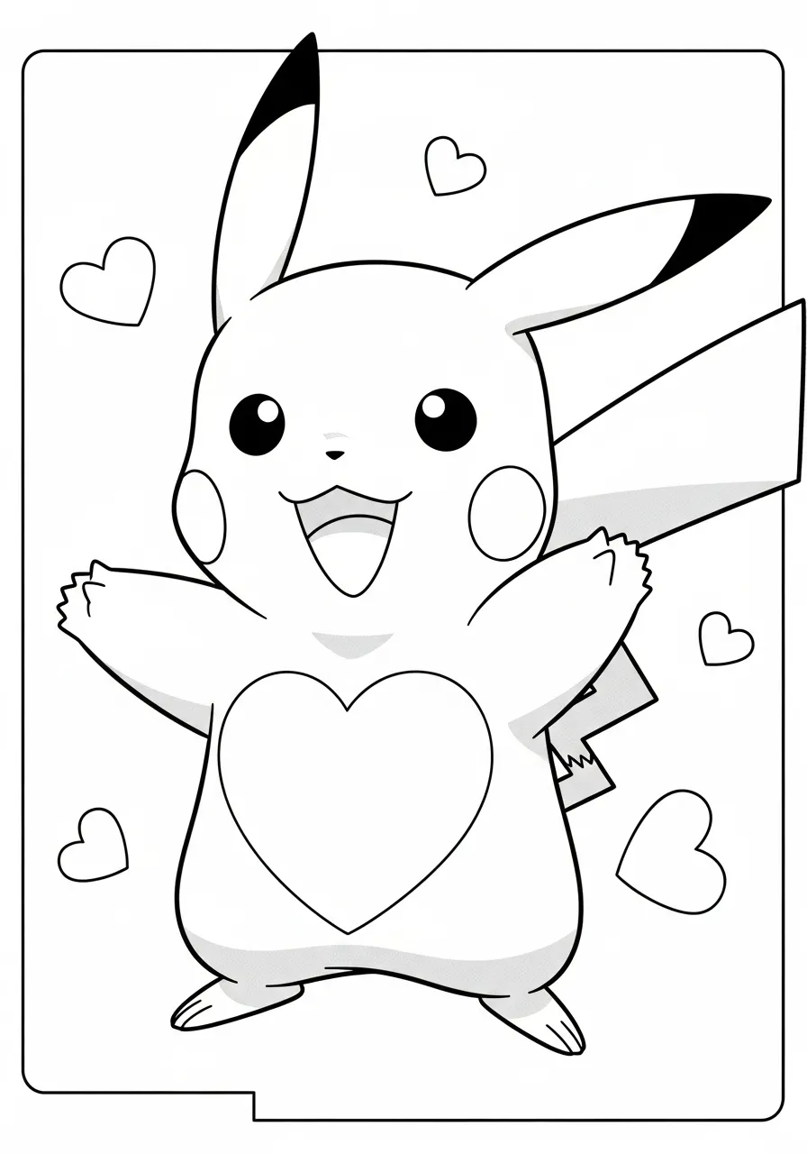 Imagem de um Pikachu feliz com corações ao redor para colorir