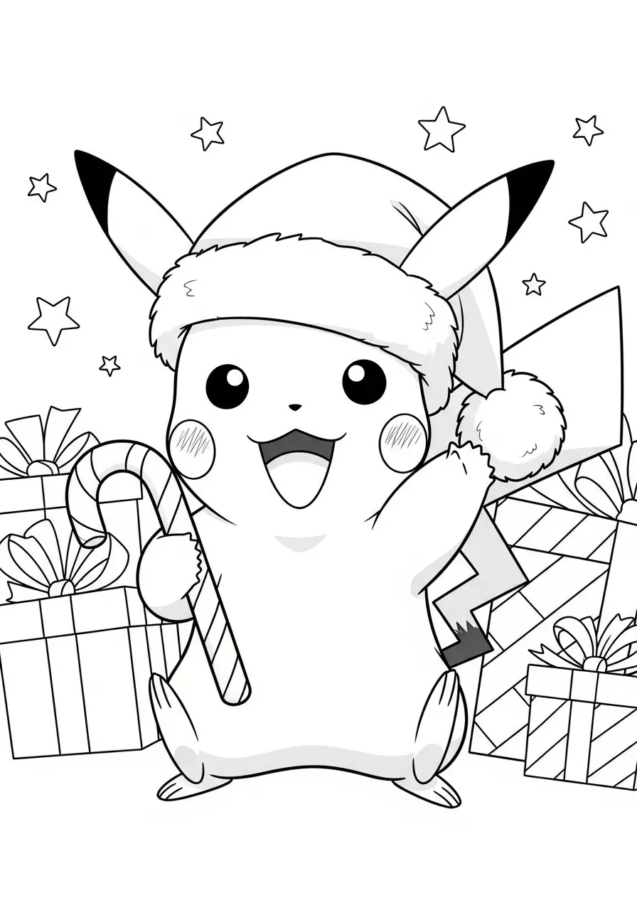 Pikachu usando um gorro de Natal segurando um doce, cercado por presentes