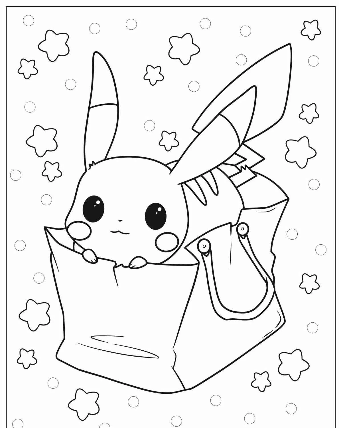 Pikachu fofo dentro de uma bolsa com estrelas ao fundo para colorir