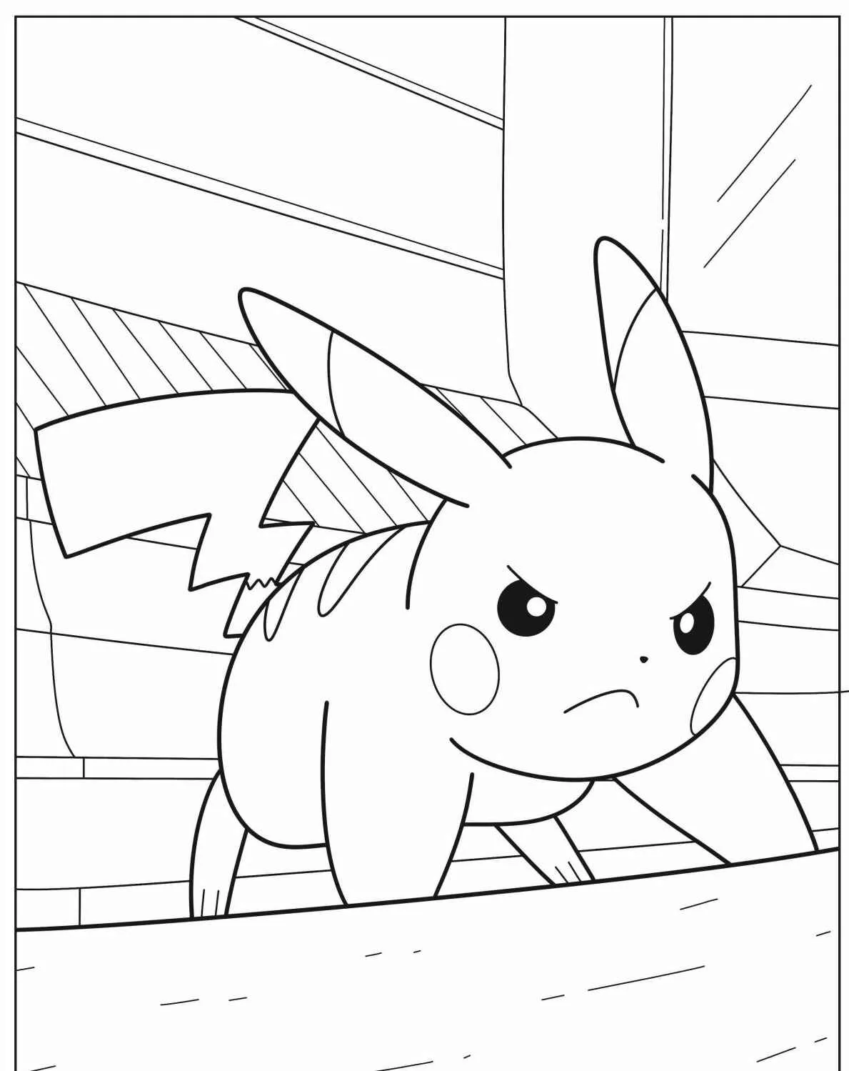 Desenho de Pikachu com expressão determinada para colorir
