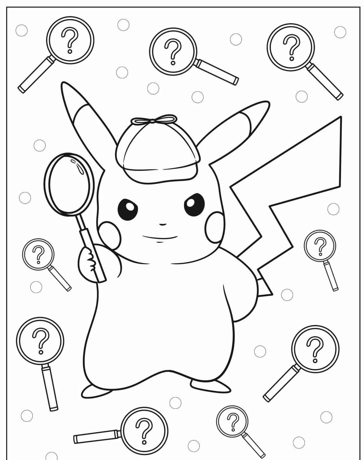 Pikachu detetive segurando uma lupa em um desenho para colorir