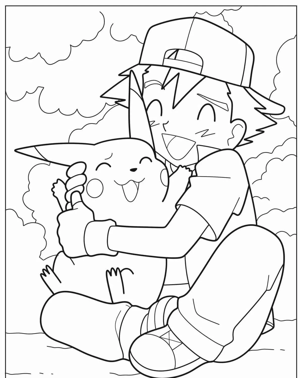 Desenho em preto e branco do Pikachu abraçando Ash, ideal para colorir.
