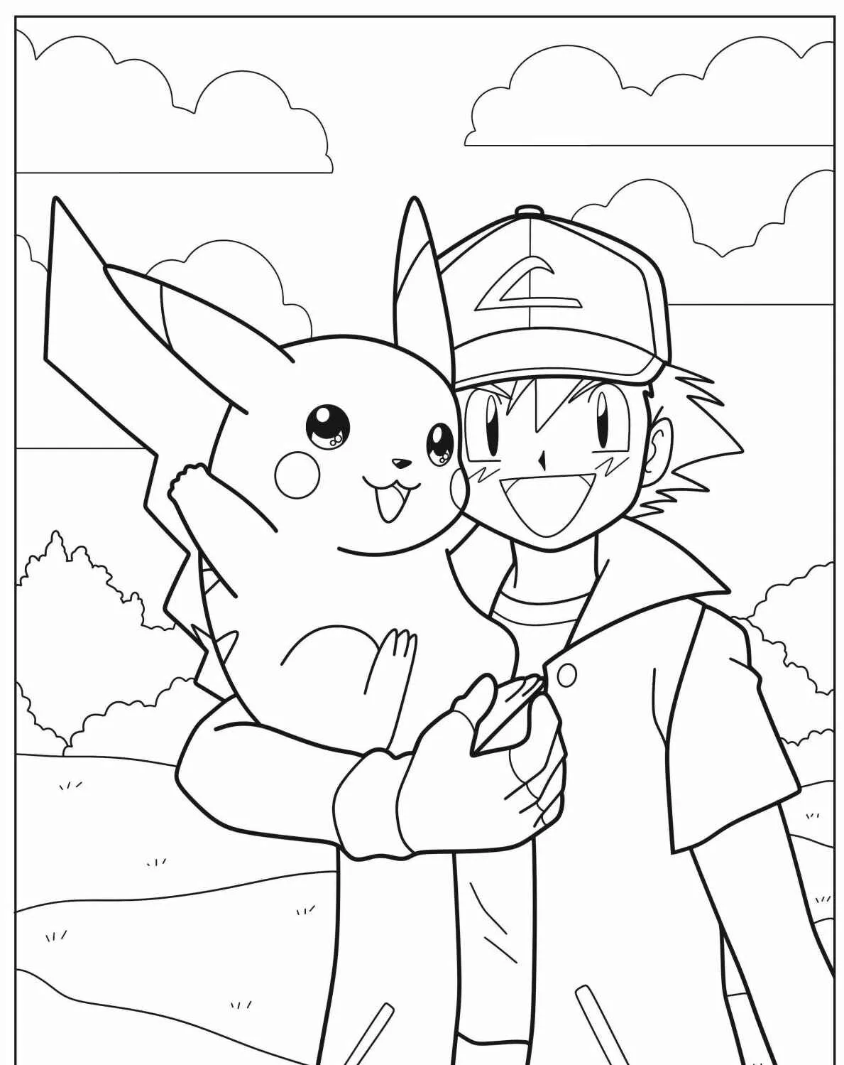 Desenho em preto e branco de Pikachu e Ash se abraçando, ideal para colorir.