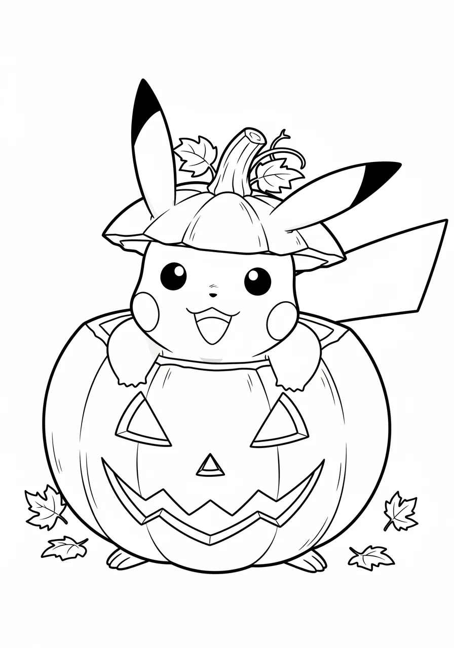 Pikachu dentro de uma abóbora de Halloween para colorir