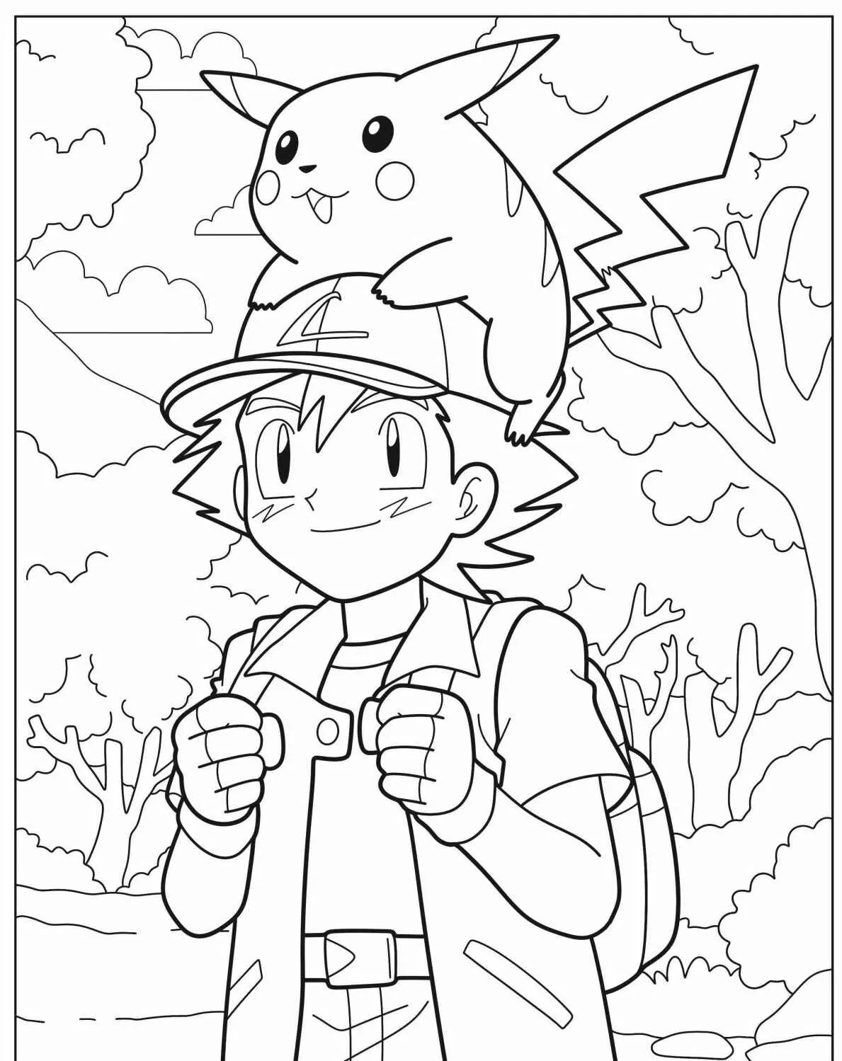 Desenho para colorir do Pikachu em cima do Ash Ketchum