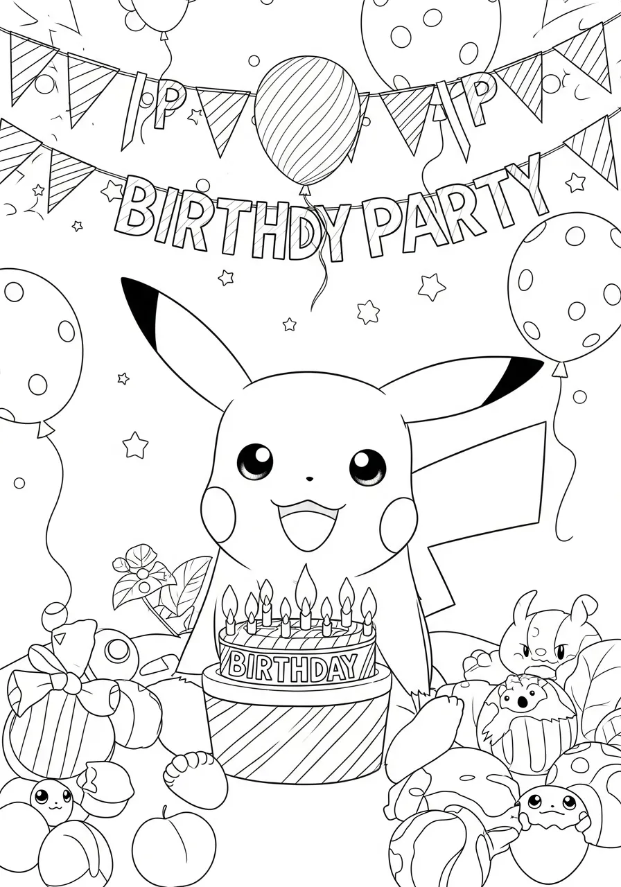 Pikachu em uma festa de aniversário com bolo e balões para colorir