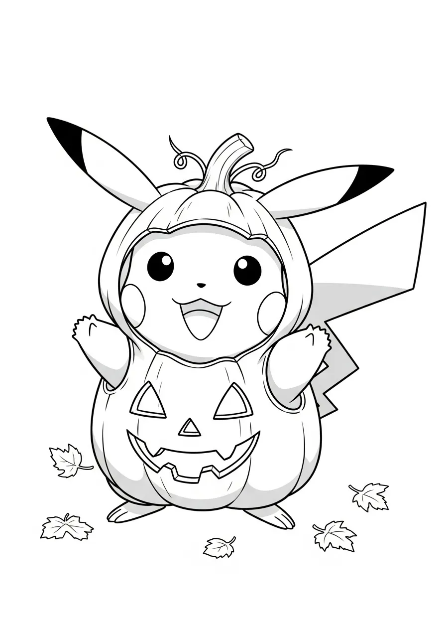 Pikachu fantasiado de abóbora com folhas ao redor para colorir