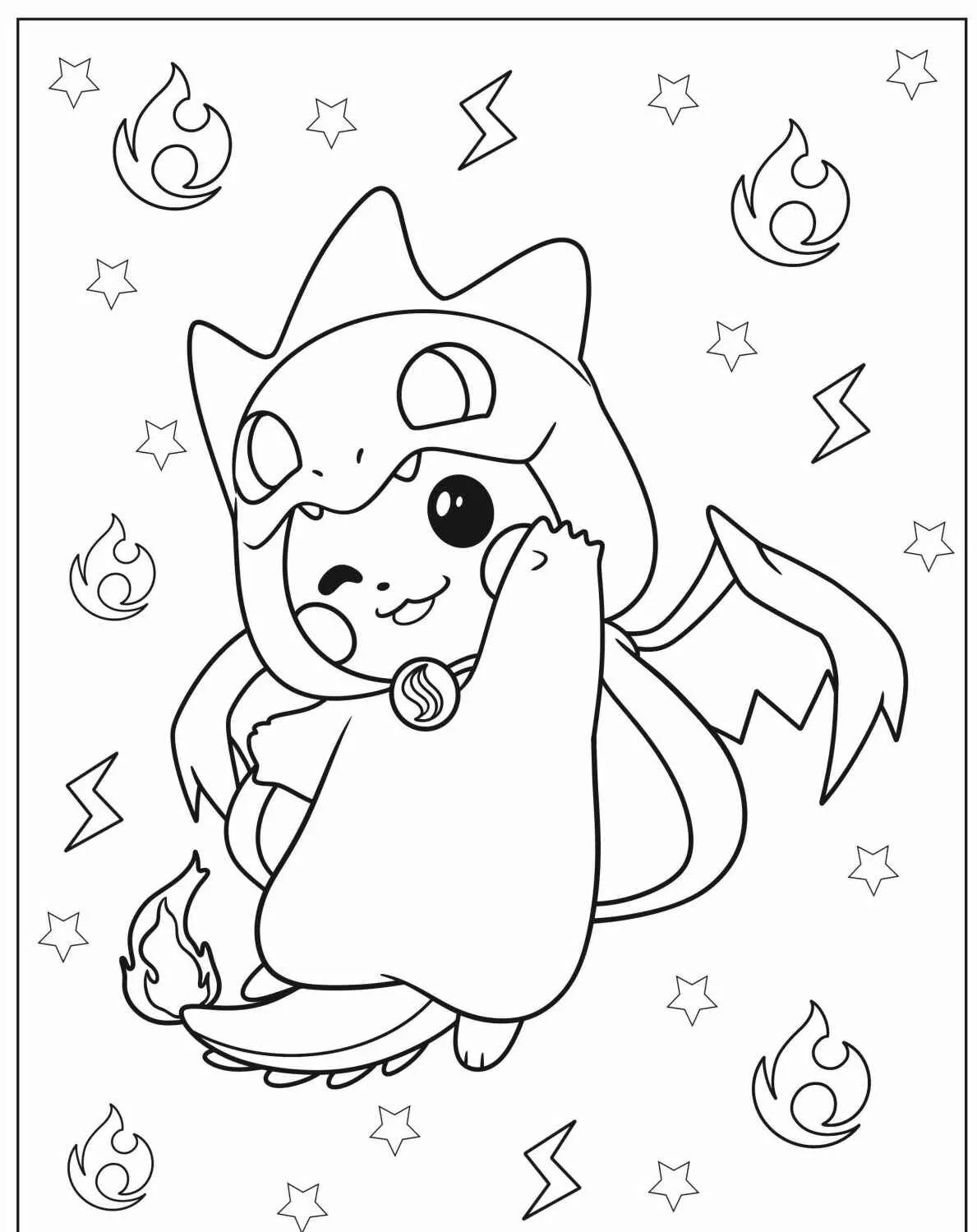 Desenho de Pikachu vestido de dragão com chamas e estrelas para colorir