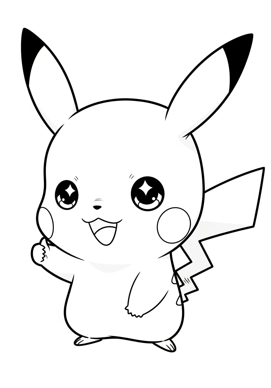Desenho de um Pikachu sorridente com olhos brilhantes para colorir