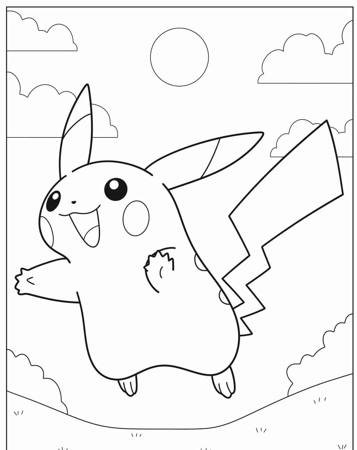 Desenho em preto e branco do Pikachu pulando com um sorriso feliz