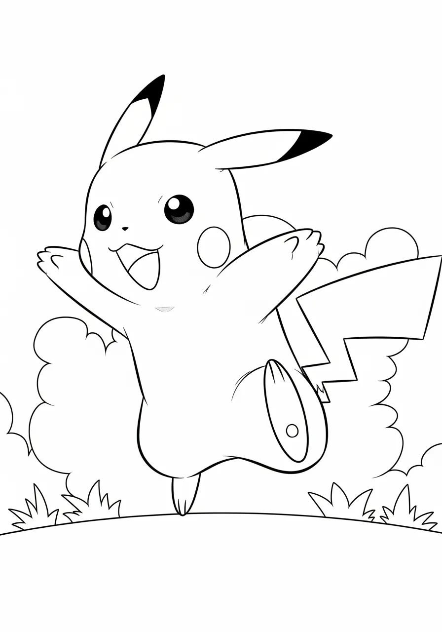 Imagem de um desenho do Pikachu saltando com alegria para colorir