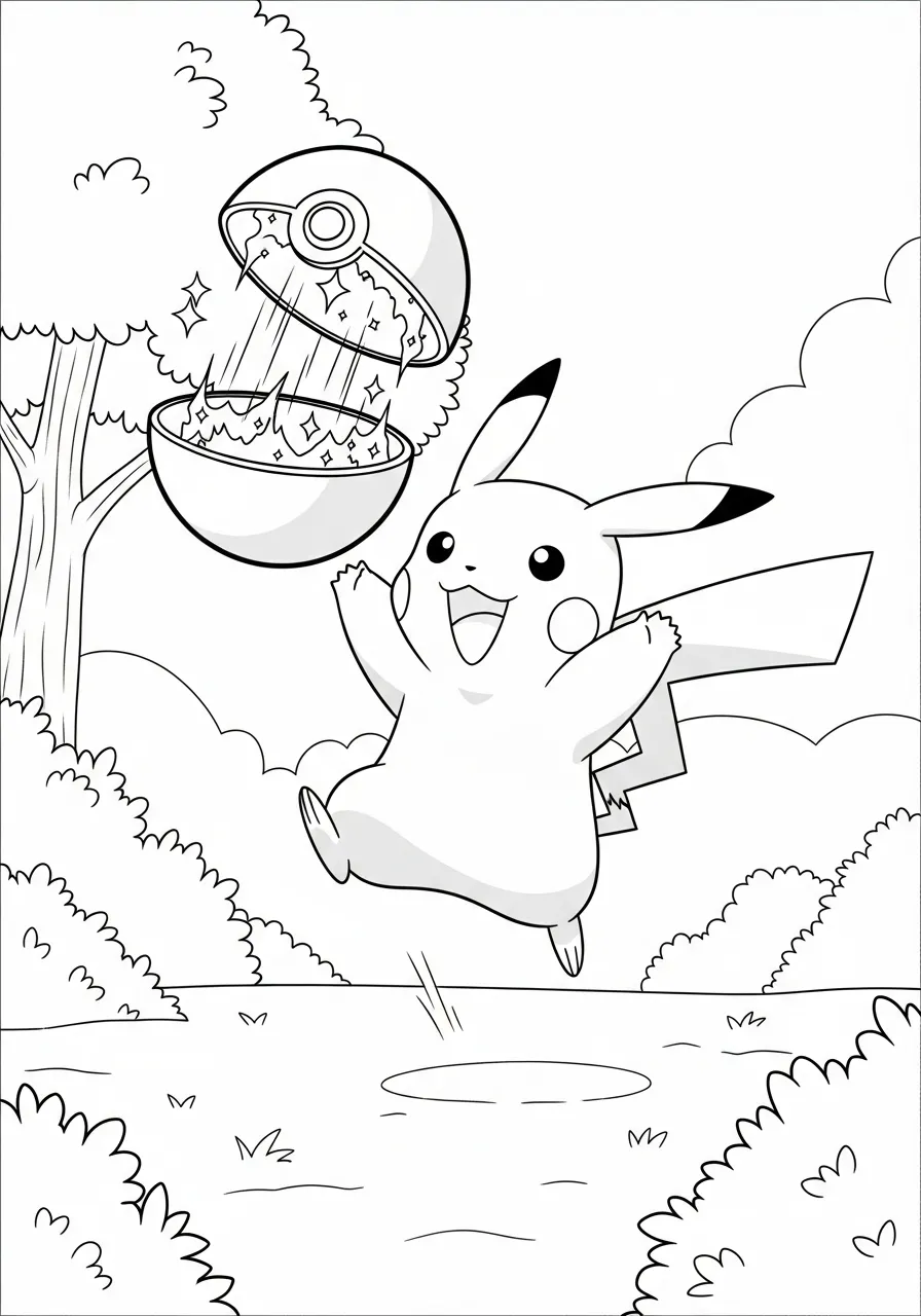 Pikachu saltando alegremente com uma Pokébola aberta